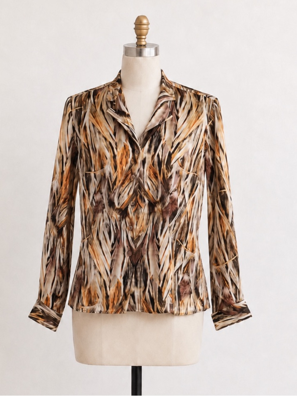 Lafayette 148 New York 100% Silk Blouse Abstract Feather Print Old Money Luxe 4P
